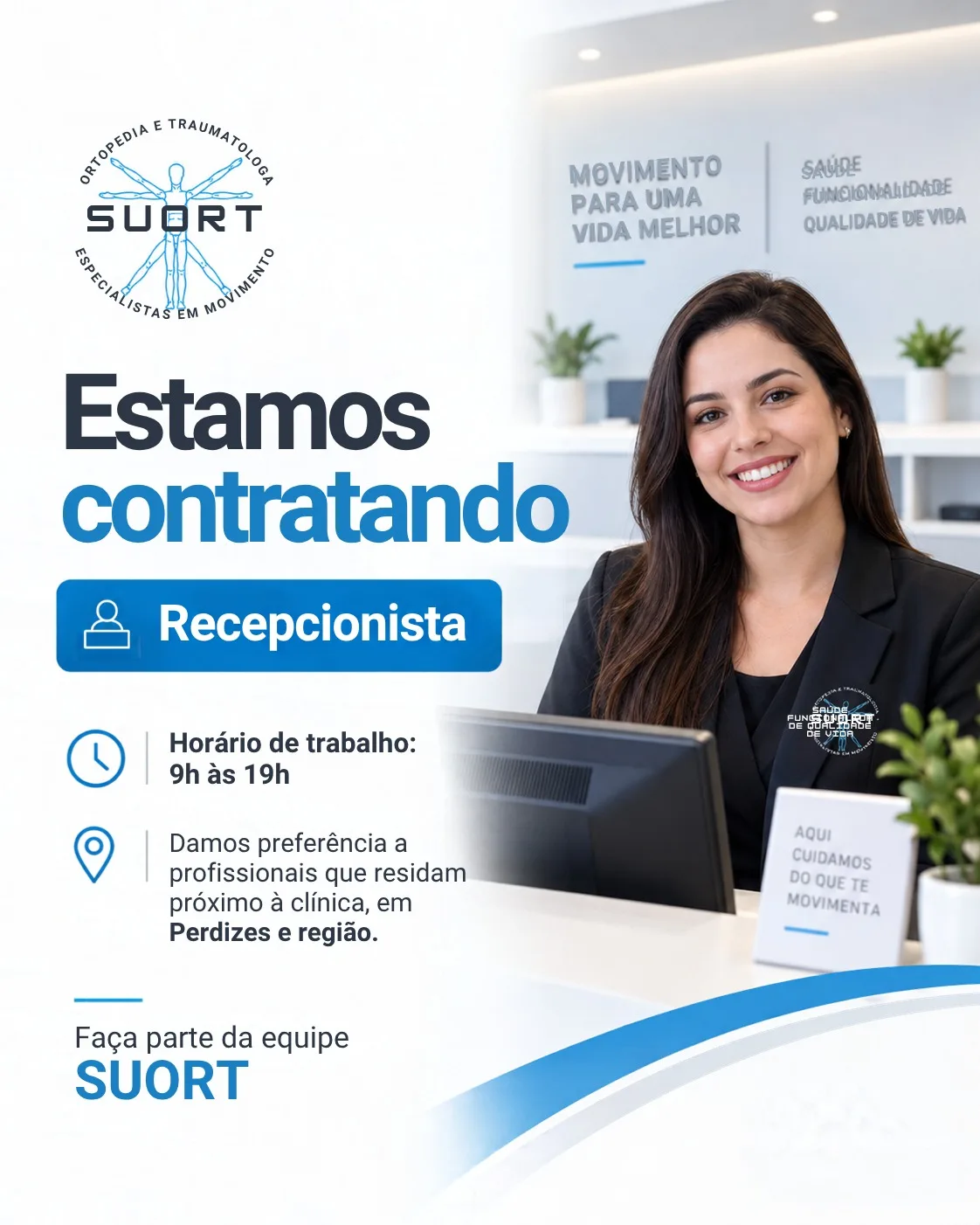 SUORT esta contratando Recepcionista em Perdizes, Sao Paulo, horario das 9h as 19h